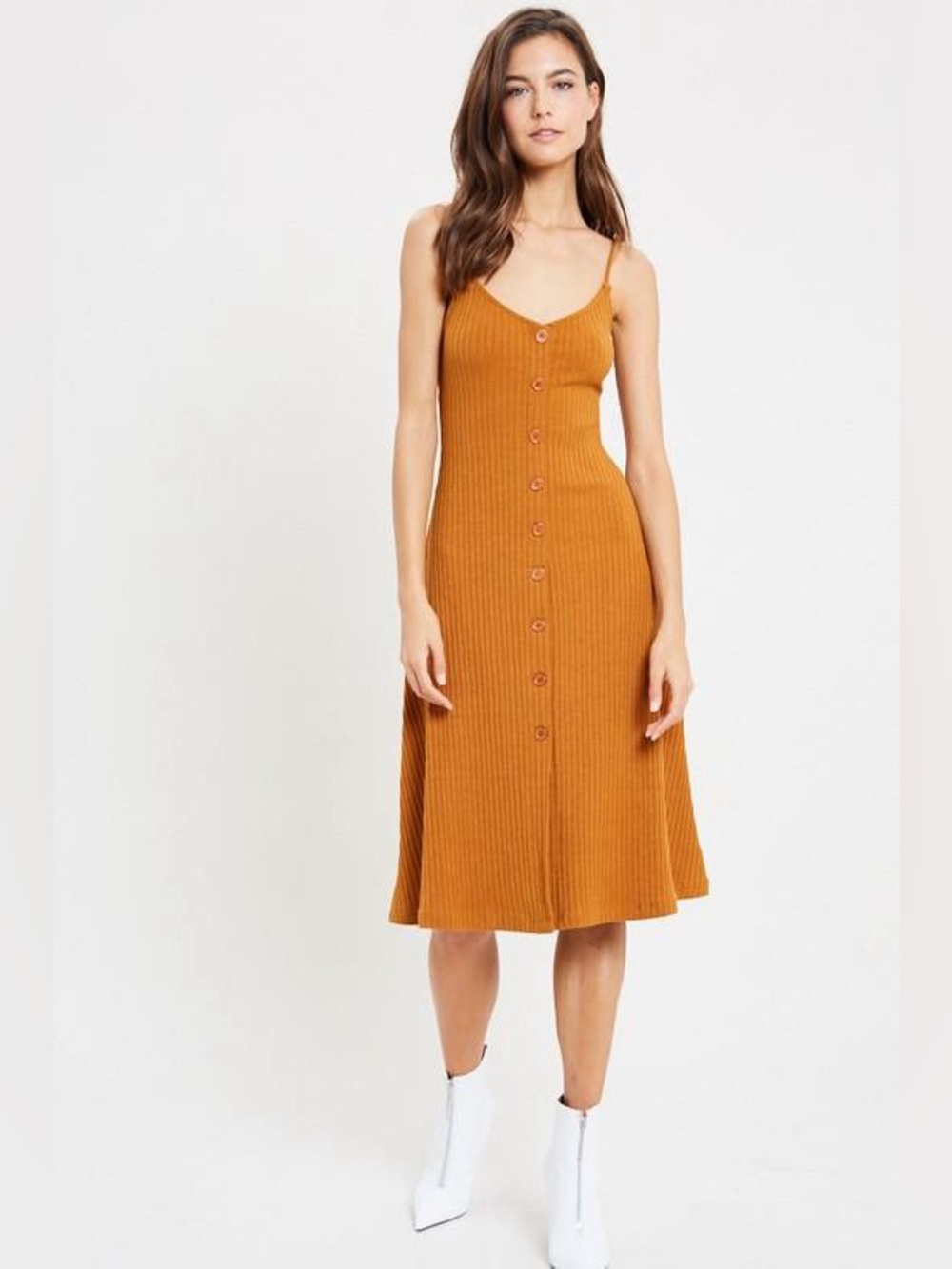 Wishlist Ribbed Button-Front Slip Dress in Brown